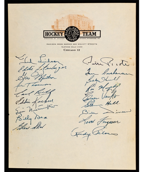 Chicago Black Hawks 1957-58 Team-Signed Sheet on Team Letterhead Signed by 18 Including Deceased HOFers Ted Lindsay, Pierre Pilote and Rudy Pilous Plus HOFers Glenn Hall and Bobby Hull