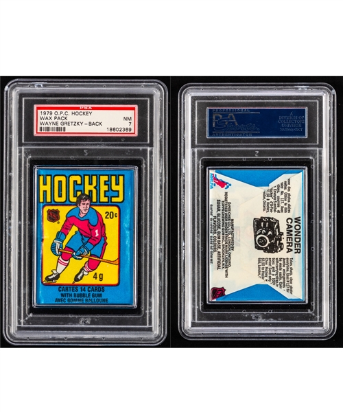 1979-80 O-Pee-Chee Hockey Unopened Wax Pack (18602369) - Graded PSA 7 - Wayne Gretzky Rookie Card Showing on Back! - Only 8 Such Packs Certified by PSA