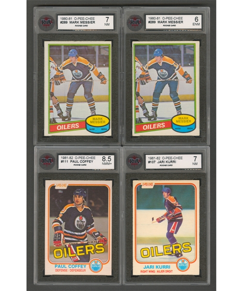 1980-81 and 1981-82 O-Pee-Chee Hockey Edmonton Oilers KSA-Graded Rookie Cards (4) of Mark Messier, Jari Kurri and Paul Coffey