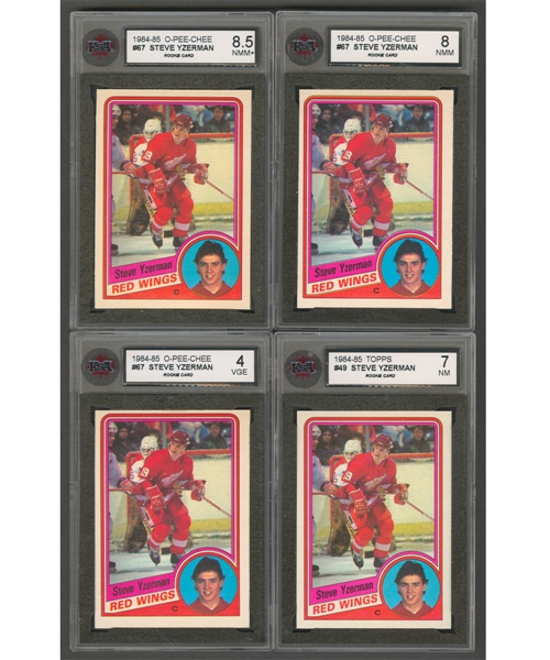 1984-85 O-Pee-Chee Hockey Card #67 HOFer Steve Yzerman Rookie (3 Cards - Graded KSA 8.5, KSA 8 and KSA 4) Plus 1984-85 Topps Rookie Card (Graded KSA 7)