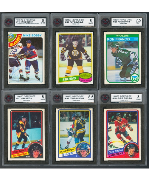 1976-77 to 1988-89 O-Pee-Chee Hockey KSA-Graded Rookie Cards (11) Including Ray Bourque (KSA 8), Doug Gilmour (KSA 8.5) and Brett Hull (KSA 8.5) Plus Henri Richard & Gordie Howe Cards