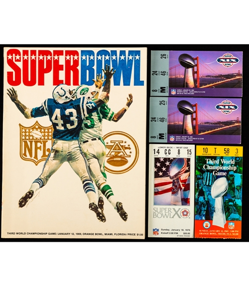 1969 Super Bowl III Program and Ticket Stub Plus 1976 and 1985 (2) Super Bowl Ticket Stubs and Assorted 1940s/1950s Programs (4) Including 1942 Chicago Bears vs NFL All-Stars Program