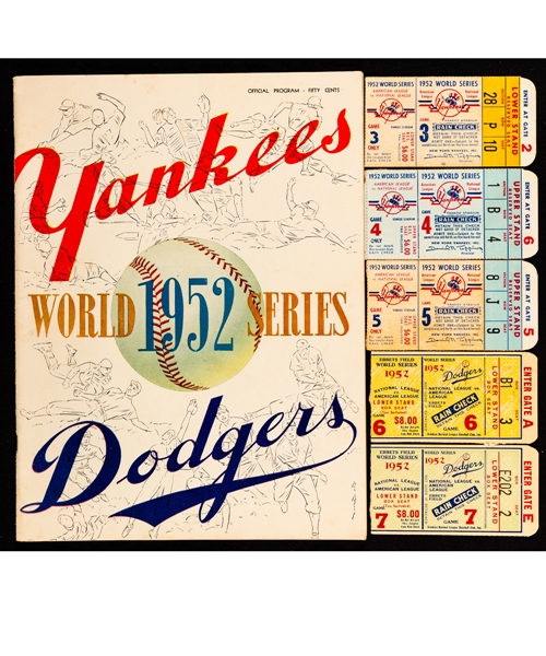 1952 Brooklyn Dodgers vs New York Yankees World Series Program and Tickets Stubs for Game 3 to 7 (5) Plus 1956 Dodgers/Yankees World Series Picture Pack (50 Pictures)