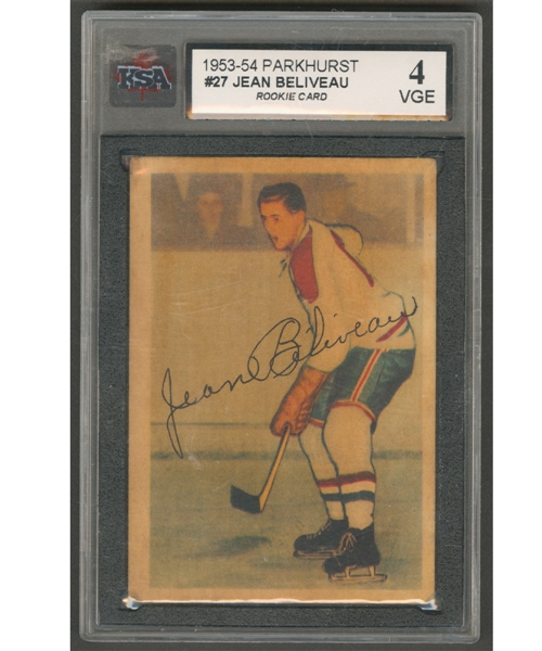 1953-54 Parkhurst Hockey Card #27 HOFer Jean Beliveau Rookie - Graded KSA 4