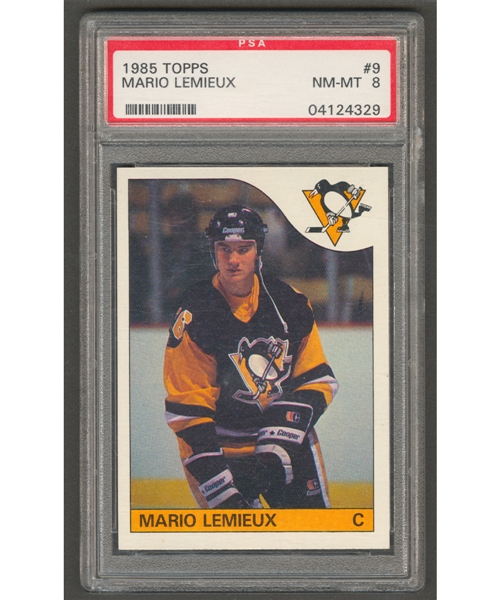 1985-86 Topps Hockey Card #9 HOFer Mario Lemieux Rookie - Graded PSA 8