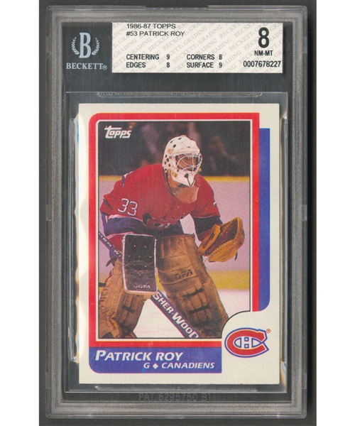 1986-87 Topps Hockey Card #53 HOFer Patrick Roy Rookie - Beckett-Graded 8