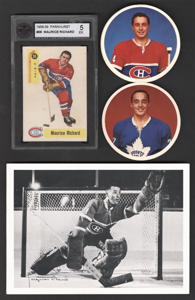 1958-59 Parkhurst Hockey Card #38 HOFer Maurice Richard (Graded KSA 5), 1960-61 York Peanut Butter Jacques Plante Photo and 1962-63 El Producto Complete Set of 6 Hockey Coasters