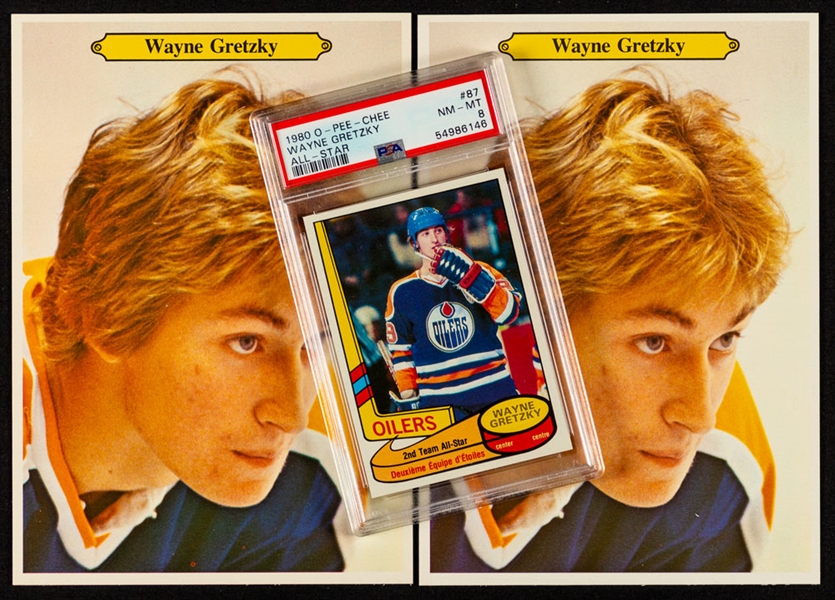 1980-81 O-Pee-Chee Hockey Card #87 HOFer Wayne Gretzky All-Star (Graded PSA 8) and 1980-81 O-Pee-Chee Hockey Super Photos 24-Card Sets (2) with Display Box  