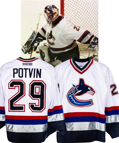 Felix Potvins 2000-01 Vancouver Canucks Game-Worn Home Jersey from His Personal Collection with His Signed LOA