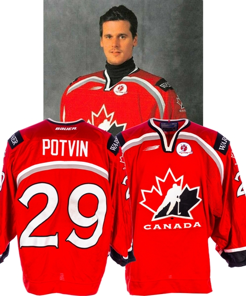 Felix Potvins 1998 IIHF World Championships Team Canada Game-Worn Jersey from His Personal Collection with His Signed LOA - IIHF 90th Patch!