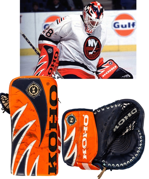 Felix Potvins 1998-99 New York Islanders Koho Game-Worn Glove and Blocker (Photo-Matched) from His Personal Collection with His Signed LOA