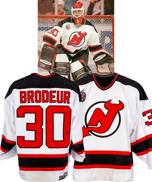 Martin Brodeurs 1992-93 New Jersey Devils Game-Worn Jersey with LOA from Family - His First #30 Regular Season Jersey!