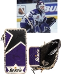 Felix Potvins 2001-02 Los Angeles Kings Brians Game-Worn Glove and Blocker from His Personal Collection with His Signed LOA - Both Photo-Matched!