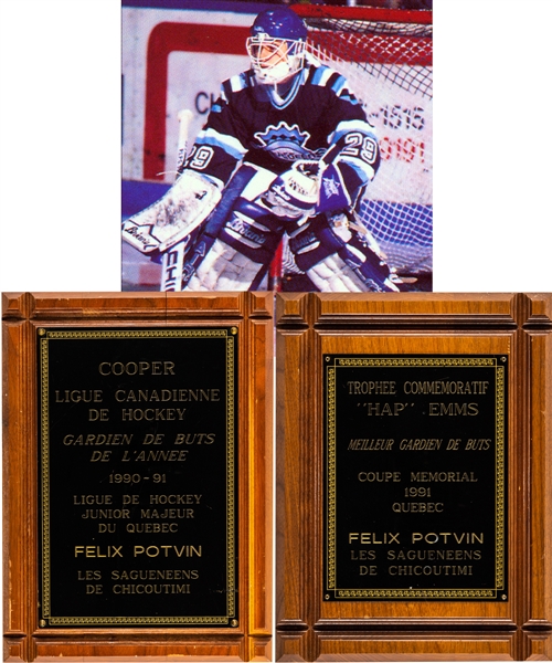 Felix Potvins 1990-91 QMJHL Chicoutimi Sagueneens Goalie of the Year & 1990-91 Memorial Cup Best Goalie of the Tournament Awards (2) from His Personal Collection with His Signed LOA