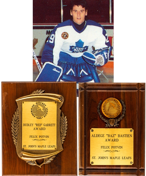 Felix Potvins 1991-92 AHL St. Johns Maple Leafs Aldege (Baz) Bastien & Dudley (Red) Garrett Memorial Awards (2) from His Personal Collection with His Signed LOA