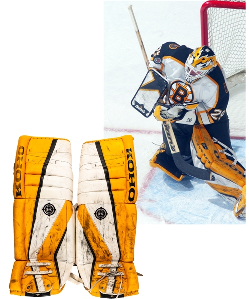 Felix Potvins 2003-04 Boston Bruins Koho Game-Worn Pads from His Personal Collection with His Signed LOA - Photo-Matched!