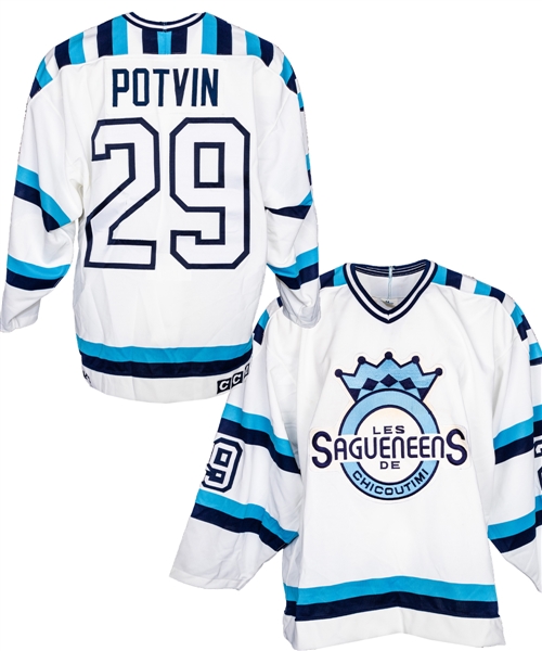 Felix Potvins 1990-91 QMJHL Chicoutimi Sagueneens Game-Issued Jersey from His Personal Collection with His Signed LOA 