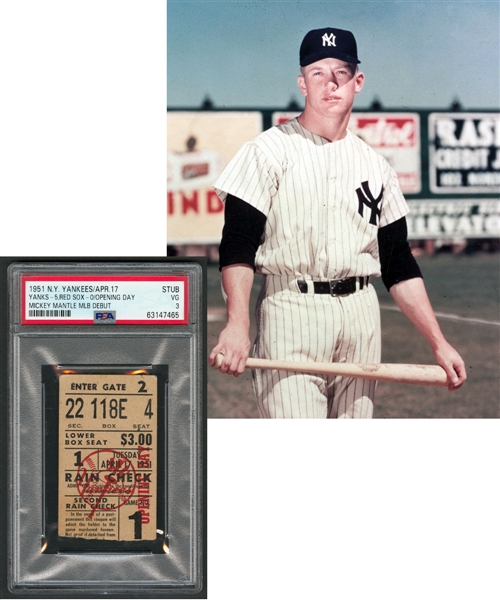 Mickey Mantle April 17th 1951 New York Yankees Major League Debut Ticket Stub - First Major League Hit! - Graded PSA 3