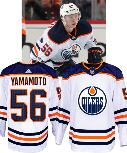 Kailer Yamamoto’s 2017-18 Edmonton Oilers Game-Worn Rookie Season Jersey with Team LOA – NHL Centennial Patch! – Photo-Matched! 