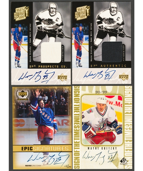 Wayne Gretzky 1998-99 SPx Prospects Jersey/Auto (31/40), ‘98-99 SP Authentic Jersey/Auto, ‘98-99 SP Authentic Sign of the Times Gold (90/99) and 1999-2000 Century Legends Epic Signatures Gold (13/100)