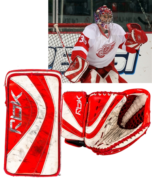 Jimmy Howards 2007-08 Detroit Red Wings Reebok Game-Worn Blocker and Glove – Photo-Matched! - Plus Game-Used Equipment Bag with Team COAs 