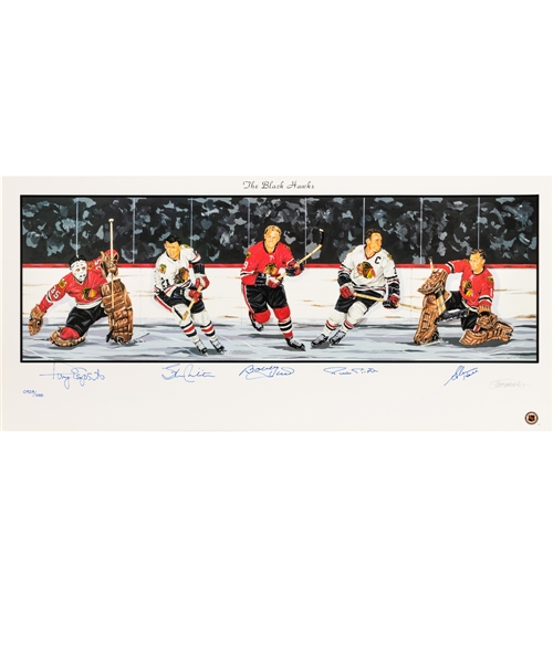 Chicago Black Hawks Limited-Edition Lithograph Autographed by 5 HOFers  with LOA (18 "X 39")39