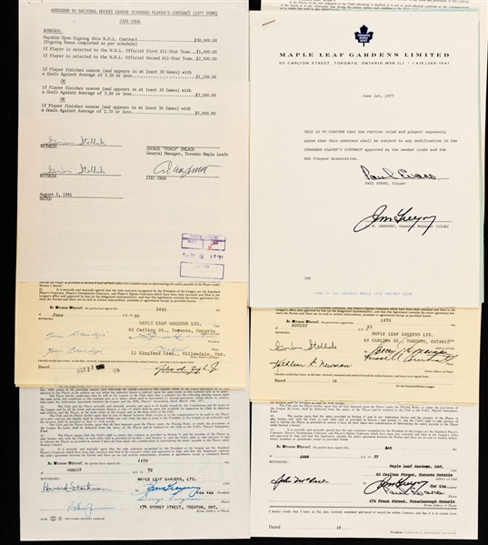 Toronto Maple Leafs 1970s/1980s Official NHL Players Contract and Document Collection of 7 with Deceased HOFers Clarence Campbell, Punch Imlach and Jim Gregory Signatures