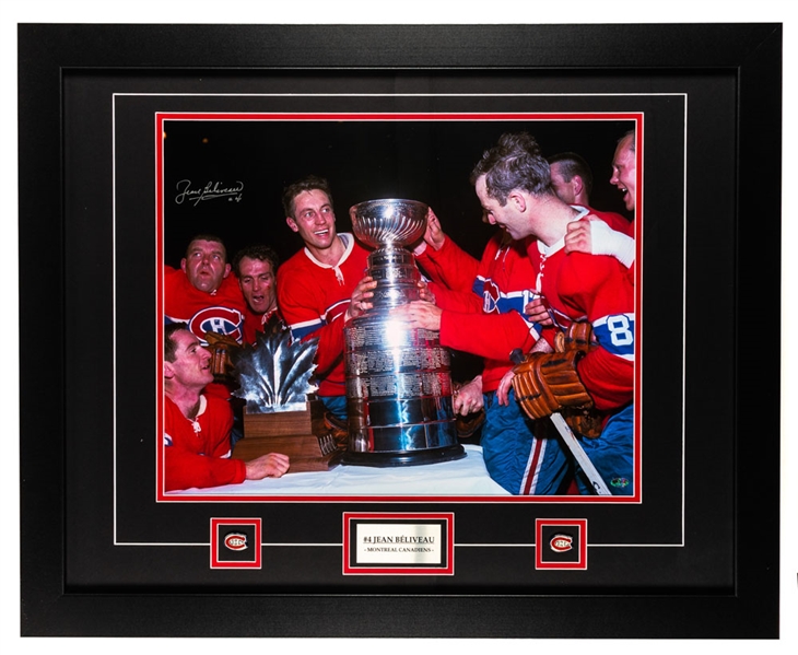 Jean Beliveau Signed Montreal Canadiens Framed Stanley Cup Photo Display with COA (25 ½” x 31 ½”)