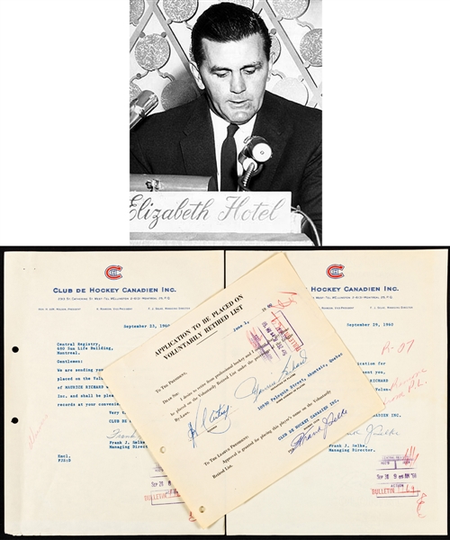 Maurice "Rocket" Richard 1960 Retirement from NHL Document Collection (6) Including Maurice Richard Signed June 1st 1960 Application to be Placed on Voluntarily Retired List Document