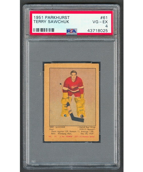 1951-52 Parkhurst Hockey Card #61 HOFer Terry Sawchuk Rookie - Graded PSA 4