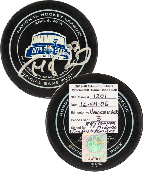Connor McDavids Signed Edmonton Oilers April 6th 2016 Final Game at Rexall Place Game-Used 3rd Period Puck with Team LOA