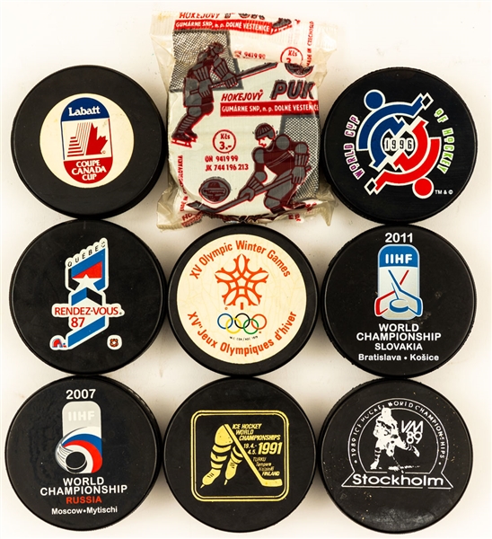 1980s to 2012 IIHF World Championships, Canada Cup and Other Tournaments Game and Souvenir Puck Collection of 65 