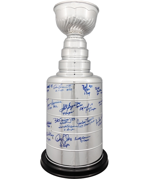 Huge Stanley Cup Replica Signed by 29 Montreal Canadiens Stanley Cup Champions with Annotations Including Roy, H. Richard, Moore, Lafleur, Bowman, Savard, Gainey, Robinson, Lemaire and Others (25")