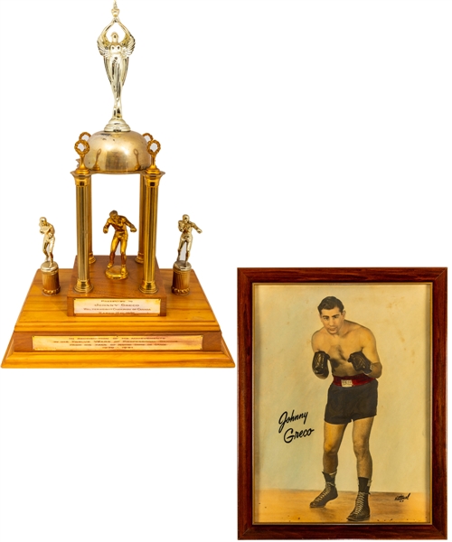 Johnny Grecos 1939-51 Professional Boxing Welterweight Champion of Canada Trophy (29") Plus Framed Colorized Photo (17" x 22") 
