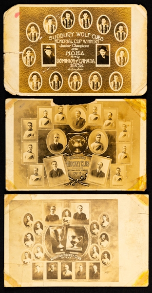 1917-18 Ottawa Munitions Team Postcard Featuring HOFer Frank Boucher and 1931-32 Sudbury Wolves Team Postcard Featuring HOFer Toe Blake 