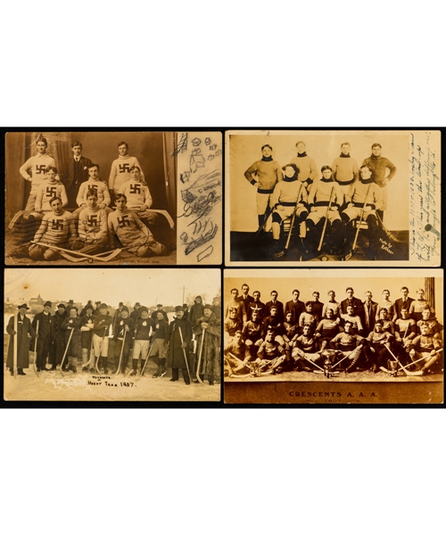 Vintage 1900s to 1950s Hockey Team Postcard Collection of 40 including 1933 Allan Cup Finalist Saskatoon Quakers 