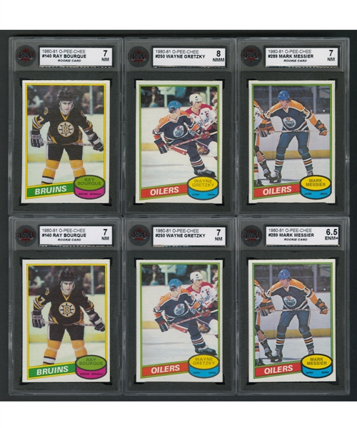 1980-81 O-Pee-Chee Hockey Complete 396-Card Sets (2) with KSA-Graded Cards #140 Ray Bourque Rookie (2), #250 Wayne Gretzky (2) and #289 Mark Messier Rookie (2)