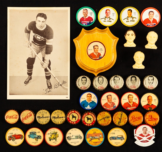 Vintage Hockey Memorabilia Collection Including 1935-40 Canada Starch Crown Brand Pictures, 1960s Shirriff Hockey Coins & Non-Sport Coins, 1964-65 Coca-Cola Caps and Other Assorted Items