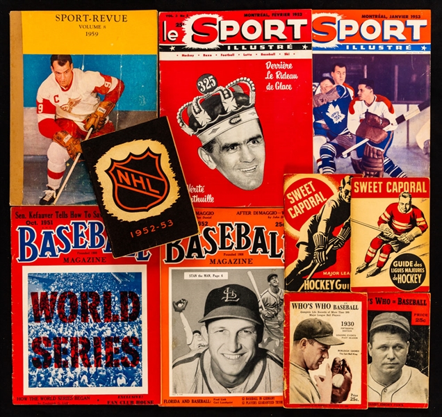Vintage Hockey and Sports Magazines/Guides Lot Including 1939-41 Sweet Caporal Hockey Guides, 1950s NHL Press and Radio Guides, 1959-62 Sport-Revue Complete Bound Issues and Other Assorted Items
