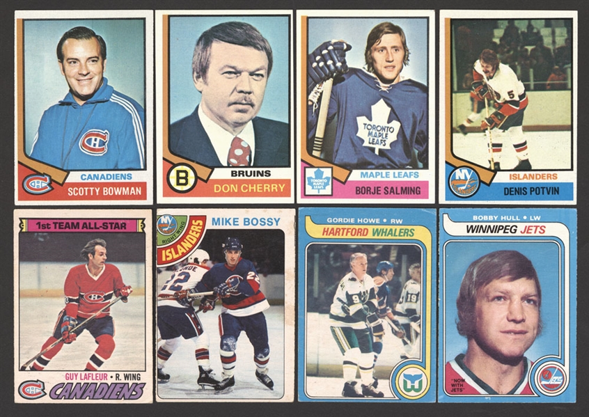 1974-75 Topps (256/264) and 1977-78 (382/396), 1978-79 (388/396) and 1979-80 (394/396) O-Pee-Chee Hockey Near Complete Sets (4)