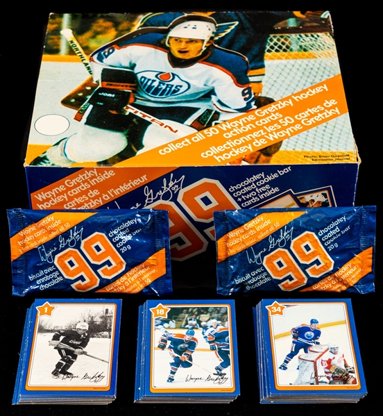 1982-83 Wayne Gretzky Neilson Complete 50-Card Hockey Set Plus "99" Unopened Cookie Bars (4) and Display Box