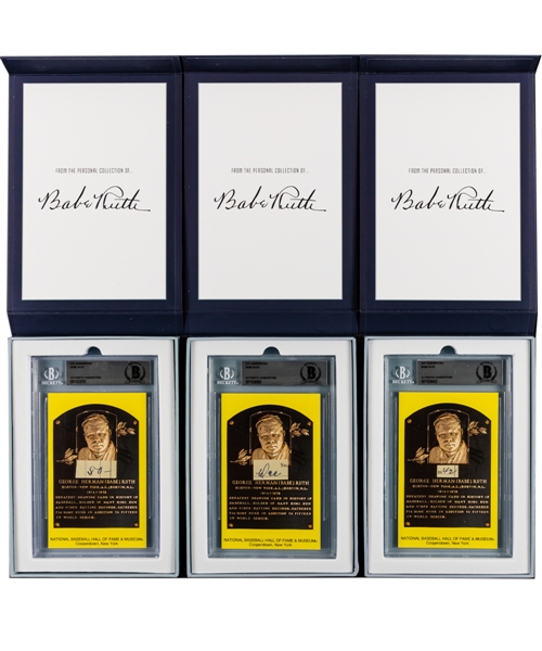 Babe Ruth "Authentic Handwritten Relic" Handwritten Cut Montages with Hall of Fame Postcards (3) - All Beckett Authentic Certified