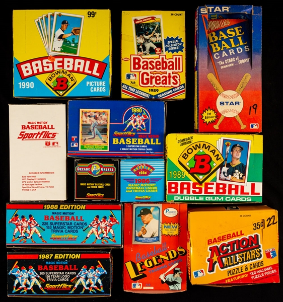 1984 to 1990 Bowman, Donruss, Swell, Pacific and Sportflics Baseball Wax Boxes / Factory Sets (20)