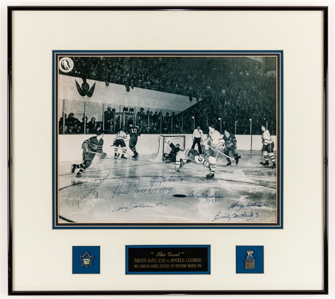 Multi-Signed Leafs/Canadiens Framed Photo Display of Bill Barilkos Famous 1951 Goal Including Signatures of Maurice Richard, Harry Watson, Butch Bouchard, Howie Meeker and Tom Johnson (18" x 20")