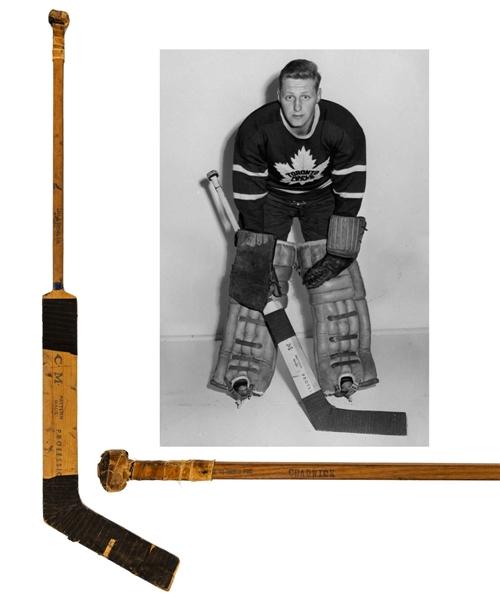 Ed Chadwicks 1957-58 Toronto Maple Leafs CCM Game-Used Team-Signed Stick Including Tim Horton Signature