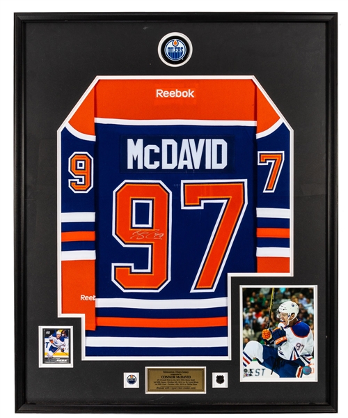 Connor McDavid Signed Edmonton Oilers Jersey Framed Display Including His 2015-16 Upper Deck Young Guns Rookie Card #201 - Orr Hockey Group LOA (33-1/2" x 41-1/2")