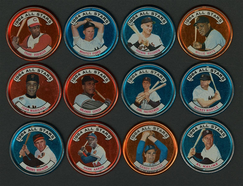 1964, 1971, 1987, 1988 & 1989 Topps Baseball Coins (10 Sets, 2 Partial Sets, Boxes with Sealed Packs & 300+ Loose Coins) Plus 1984 Fun Foods Buttons (200+) and Unopened Packs (24)