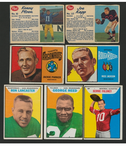 1962 Post CFL Football Starter Card Set (49/137), 1963 Post CFL Starter Set in Album (52 Cards), 1964 Topps CFL Near Complete Card Set (78/88), 1965 Topps CFL Near Complete Card Set (128/132) +++