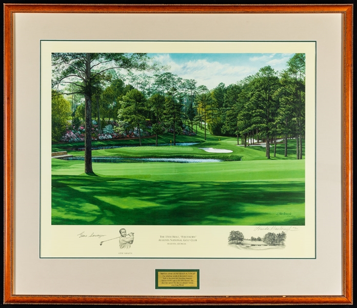 1995 Telus World Skins Game Framed Poster Signed by 4 Including Couples, Price, Faldo and Crenshaw Plus Augusta National Golf Club 15th Hole Print Signed by 1935 Masters Champion Gene Sarazen 