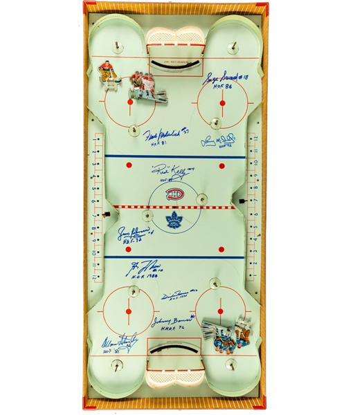 Vintage Eagle Toys “NHL Pro Hockey” Table Top Hockey Game Signed by 9 HOFers Including Beliveau, Mahovlich, Bower, Stanley and Others from Frank Mahovlichs Personal Collection with Family LOA